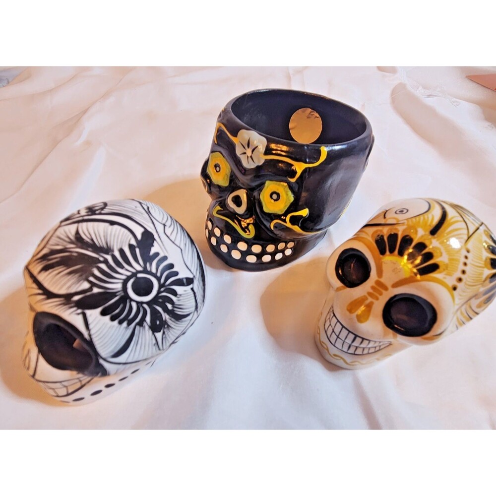 Lot of 3 Ceramic Sugar Skull Candle Holders Day of the Dead Halloween Decor